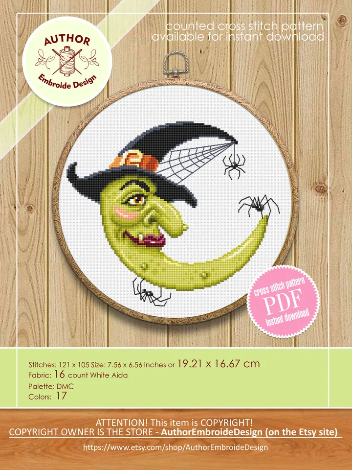 Crescent moon witch cross stitch pattern download PDF, Halloween moon cross stitch chart, Magic witch hat cross stitch Halloween spider #H43