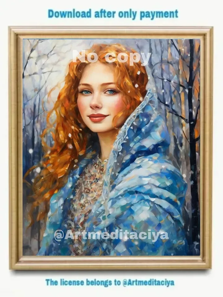 Digital abstract painting "Spring has come", a blue-eyed Slavic woman with wavy red hair in a blue shawl and silver dress on an abstract spring forest background, made in the style of oil painting