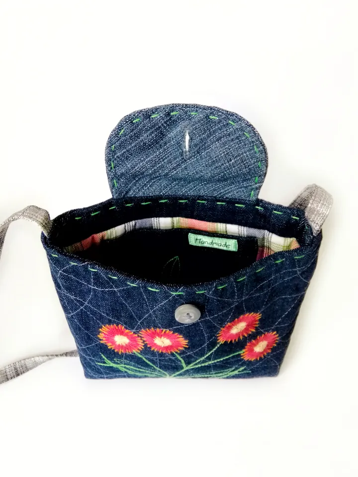 Handmade Small Denim Hand Embroidered Purses for Women, Handcrafted Boho Style Shoulder Bags - Floral Accents for Ladies. FREE SHIPPING!