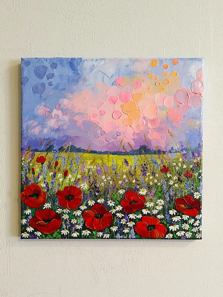 Wildflowers Textured Landscape Painting | Wall Art Decor
