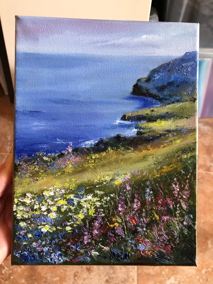 Original Oil Seascape Painting Beach Oil Painting Wildflower Artwork
