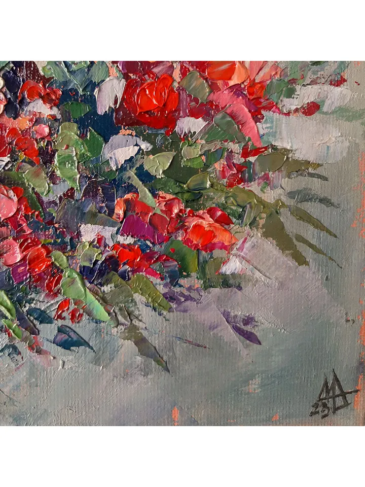 Red Flowers PAINTING 7,1x9,4" ORIGINAL Artwork Flower Art Signed by artist Marina Chuchko Impressionist Oil Painting