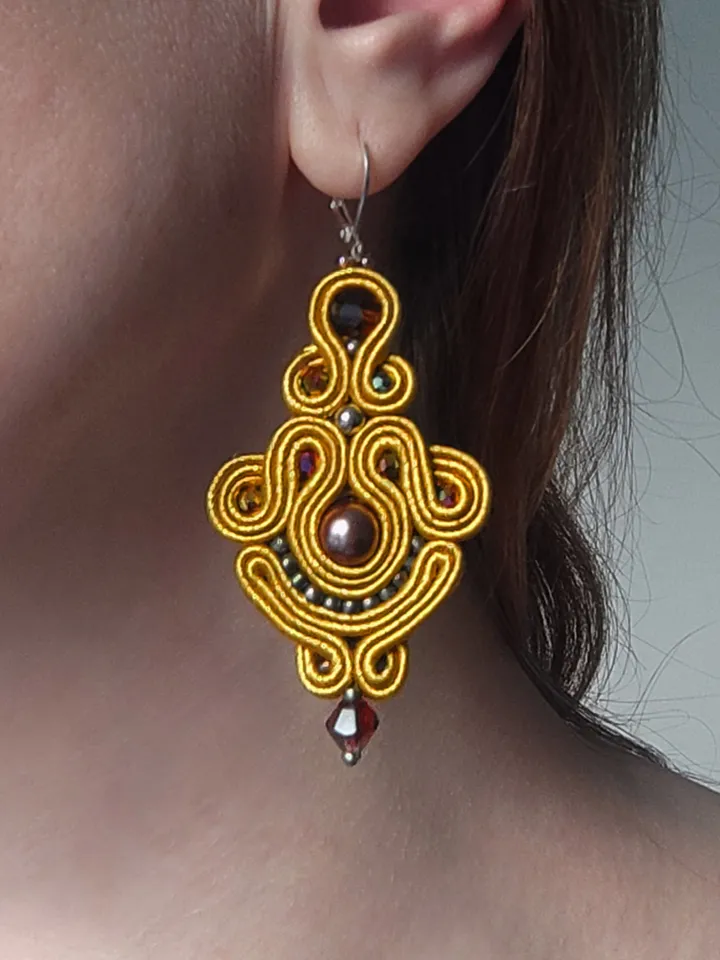 Golden earrings, Long dangle earrings, beaded embroidered soutache earrings