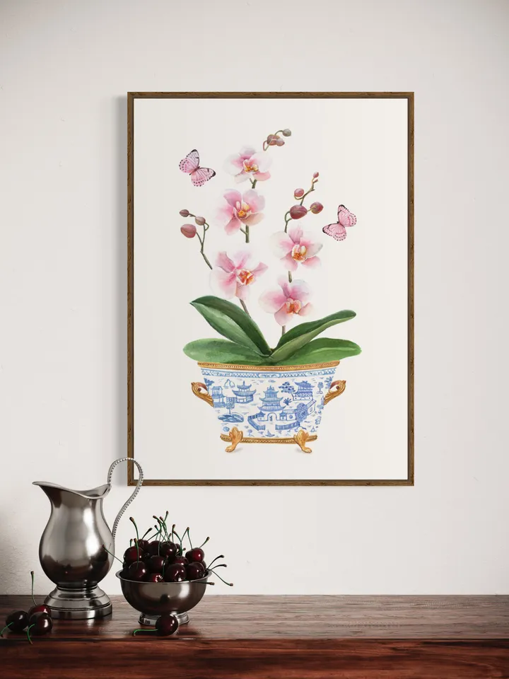 Chinoiserie Vase Orchid Watercolor Painting, Ginger Jar, Blue And White Jar, Pink Flower In Vase, Vintage Chinoiserie, Pagoda Art Print