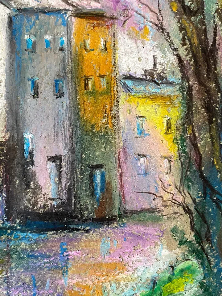 Town painting Oil pastel painting City street landscape Riverside art