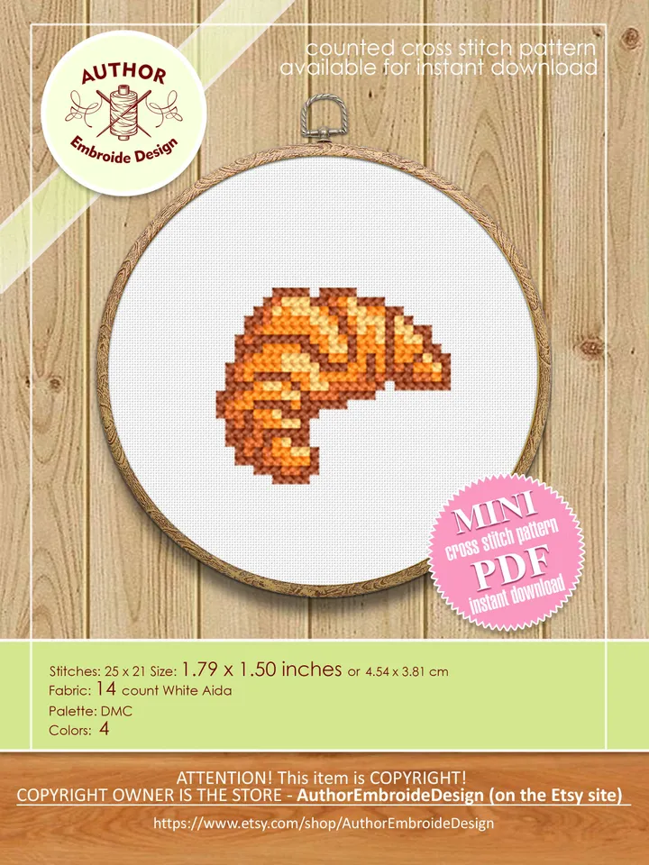 Croissant small cross stitch pattern PDF Easy mini cross stitch chart, Minimalistic food cross stitch Instant download PDF, Home decor #F11