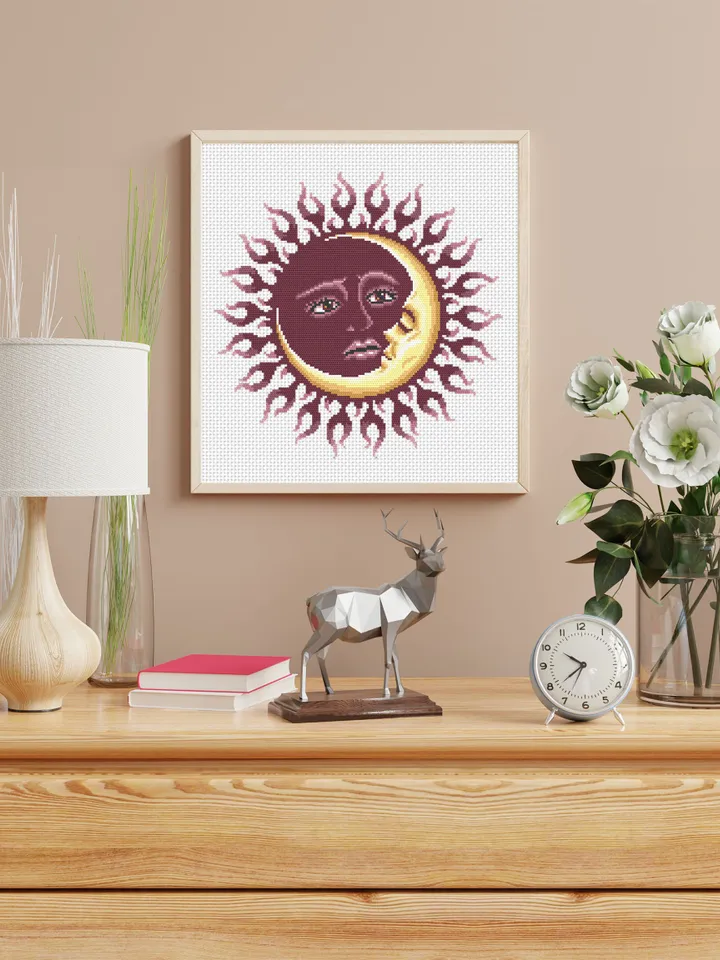 Mandala sun and moon cross stitch pattern PDF download Sun mandala cross stitch chart, Sun moon pattern digital PDF, Crescent moon #M185