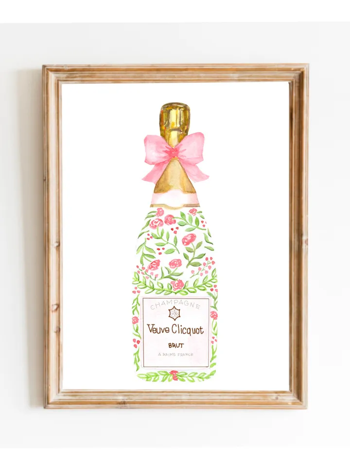 Champagne Bottle Chinoiserie Style Wall Art Print,Pink Watercolor Bar Cart Print, Cocktail Decor,Wine Wall Art,Preppy Bar Cart, Gift For Her