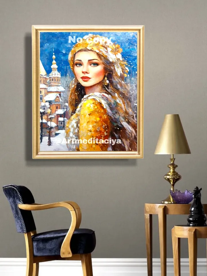 Digital abstract texture painting "Russian Winter", a blue-eyed blonde in a white and yellow winter outfit on an abstract winter background of an ancient Novgorod landscape, made in the ethnic style of oil painting with a palette knife