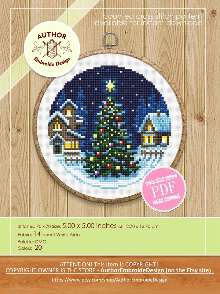 Christmas tree cross stitch pattern PDF download Winter landscape cross stitch chart, Christmas pattern digital PDF, Winter houses #N173