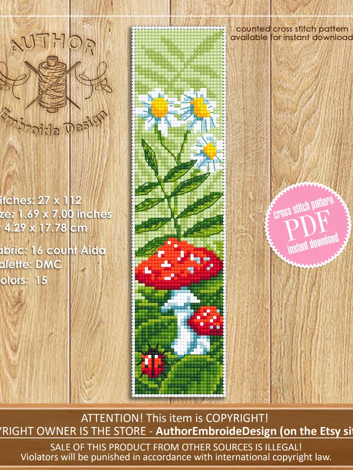 Mushroom bookmark cross stitch download PDF Magic Mushroom cross stitch Floral embroidery Summer cross stitch chart Book lover gift #B47