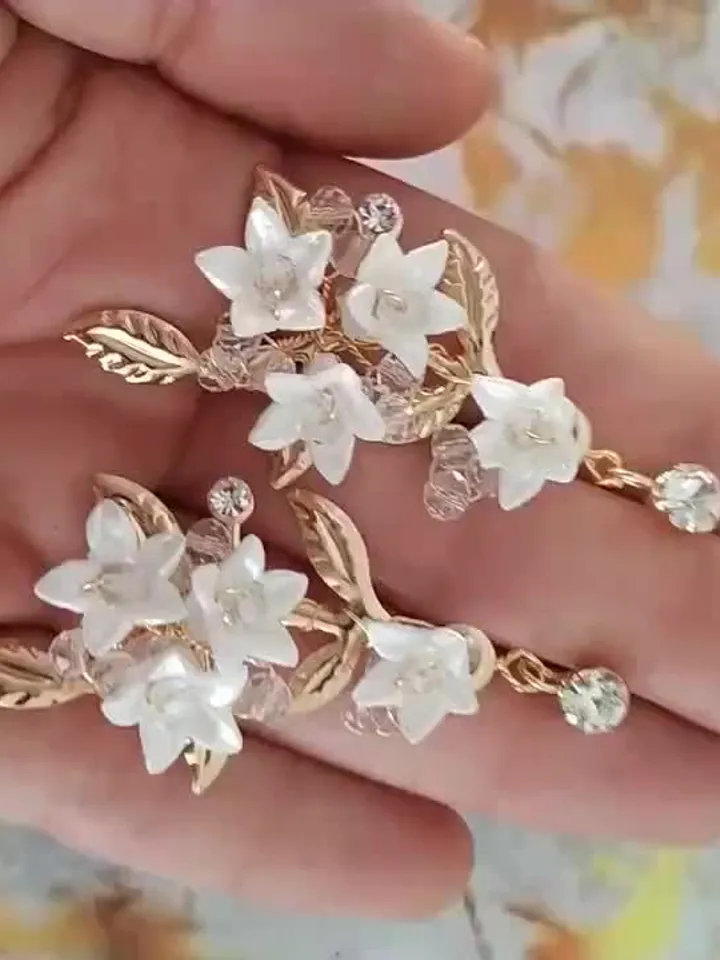Porcelain Flower Wedding Earrings , Gold Floral Bridal Earrings, Gold Chandelier Statement Earrings For Bride, Bridesmaid Gift, Jewelry