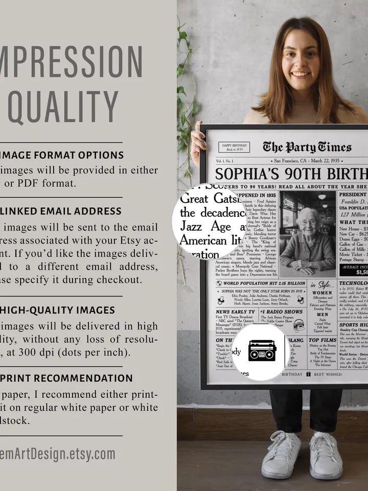 90th Birthday Gift for Grandma or Grandpa, 1935 Birthday Newspaper , 90th Birthday Gifts for Her, 90th Birthday Decorations Gift for Women