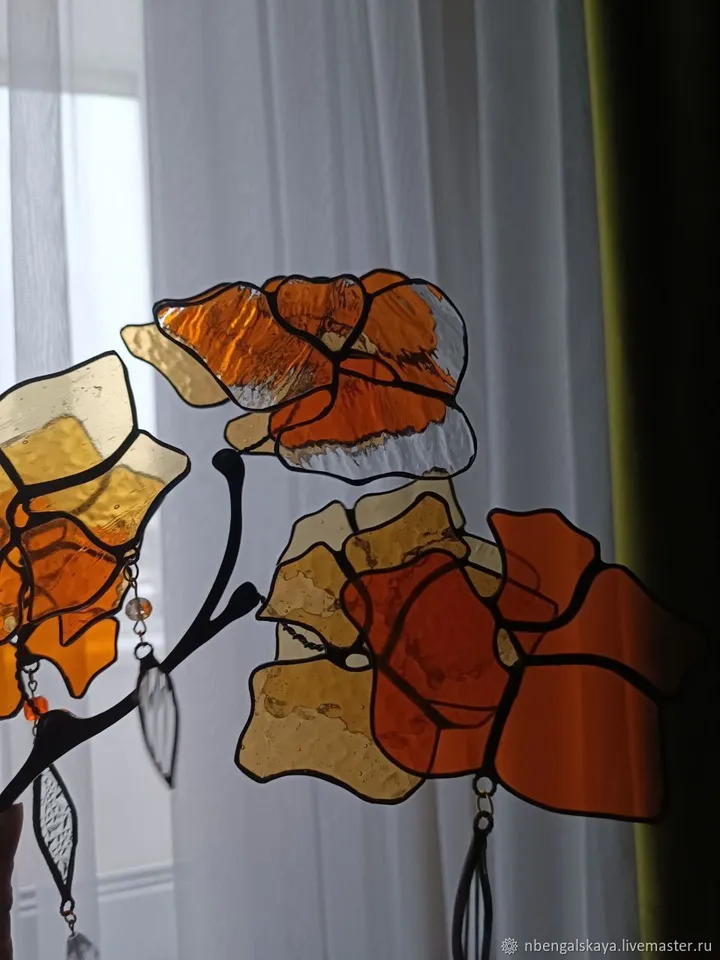 Yellow-Orange 3D Stained Glass Branch, 3D Branch in Yellow and Orange Tones, Handmade Stained Glass Floral Accent, Tiffany Glass Floral Twig in Warm Tones, Multilayer Yellow and Orange Stained Glass Stem, Artistic 3D Glass Flower Composition