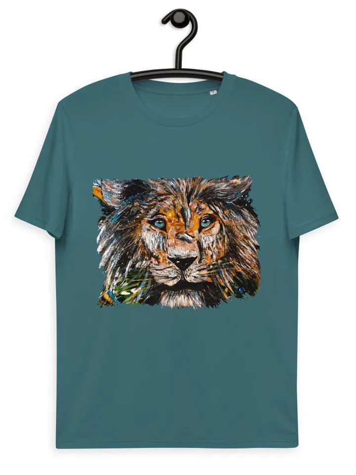Unique design Lion Unisex organic cotton t-shirt made from  my original mix media artwork on glass,wild animals t shirts, wearable art gifts