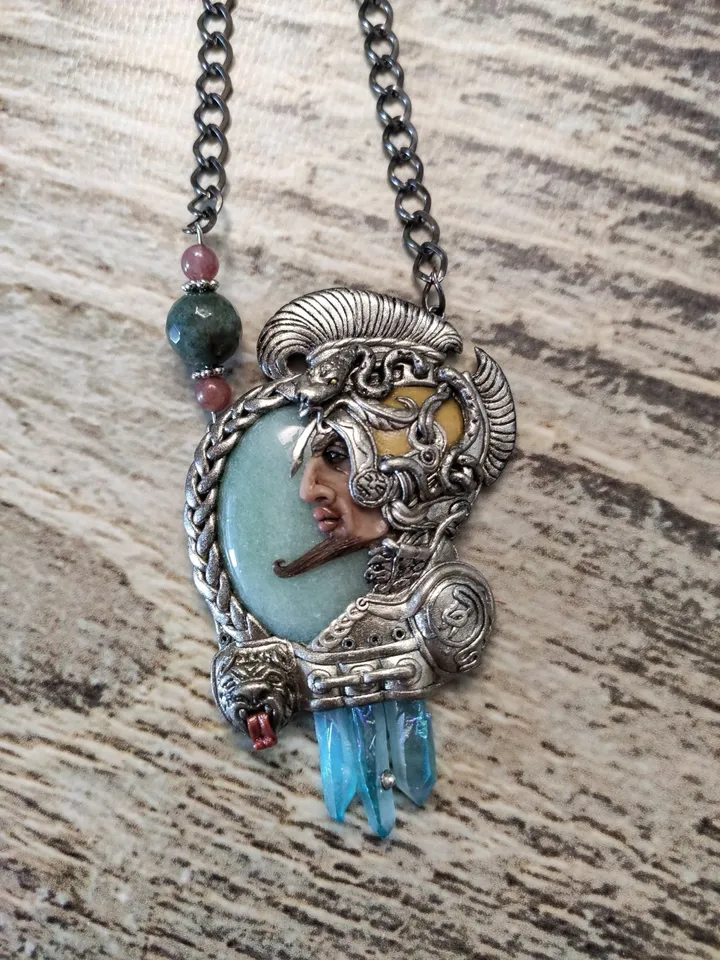 Aztec Warrior Necklace, Warrior Cameo, Aventurine Necklace, Silver Art Necklace