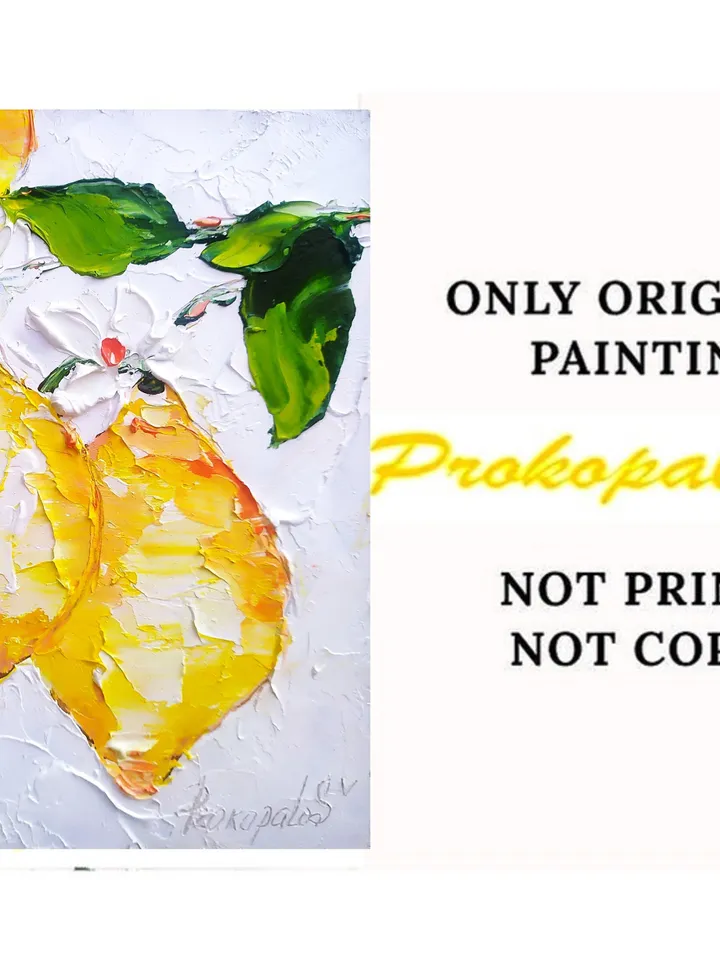 Lemon Painting Italy Original Art Impasto Painting Seascape Painting Abstract Art Floral Small Artwork 6 by 5 by Art ProkopaloSv