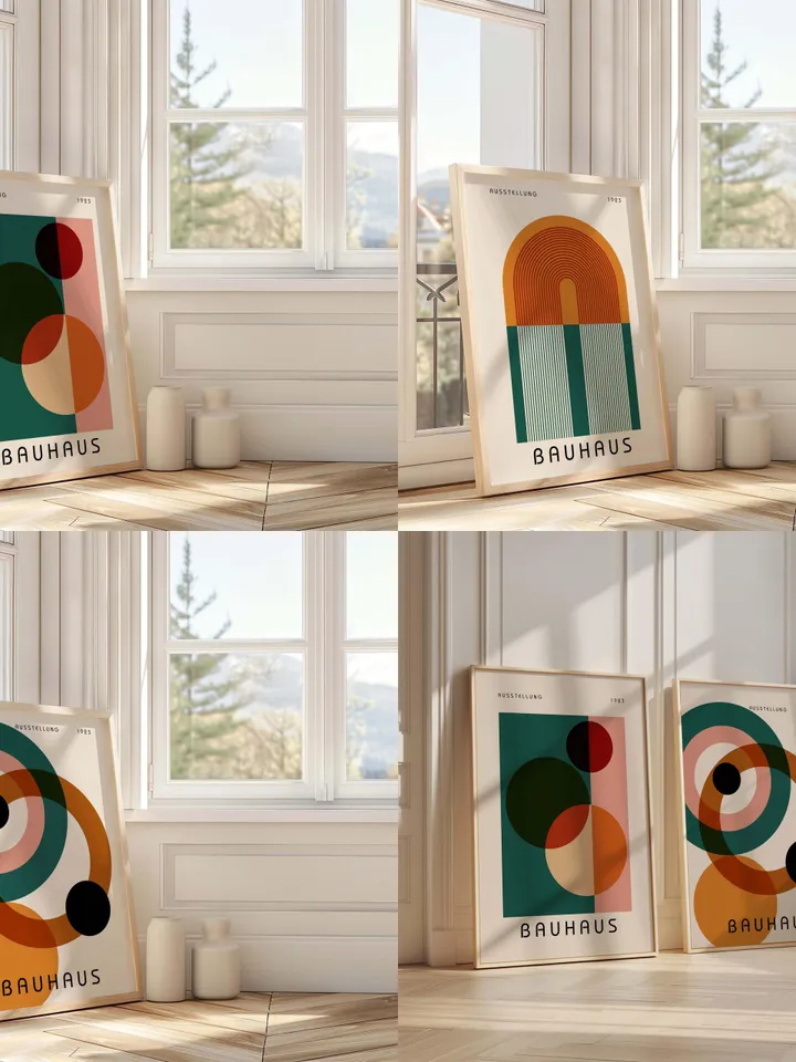 Bauhaus Set of 3 Prints, Vintage Mid Century Modern Posters, Retro Geometric Gallery Wall Set, Minimalist Trendy Wall Decor Digital Download