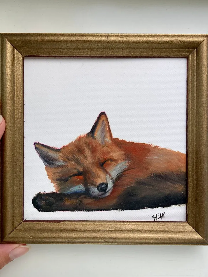 Cute Fox Painting Framed Antique Oil Painting Original Art Gold Frame Animal Painting Realistic Fox Small Oil Painting Framed Decor