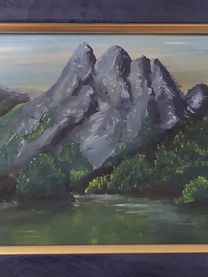 Oil painting "Mountain Lake", miniature, about 4*6 inches (10*15 cm)