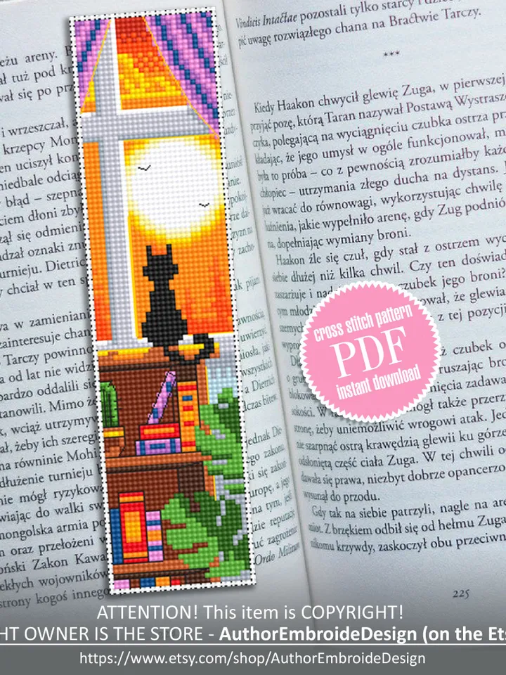 Bookmark cross stitch pattern download PDF Modern handmade bookmark digital PDF Cute cat embroidery beginners Sunset cross stitch chart #B63