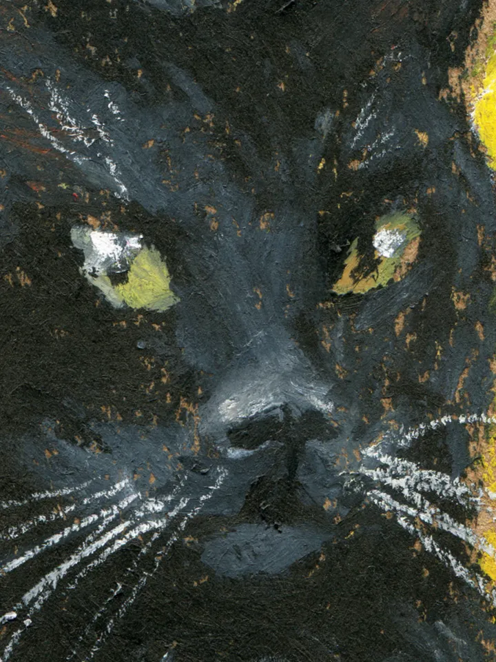 Black Cat in autumn leaves Oil pastel drawing on kraft paper А4