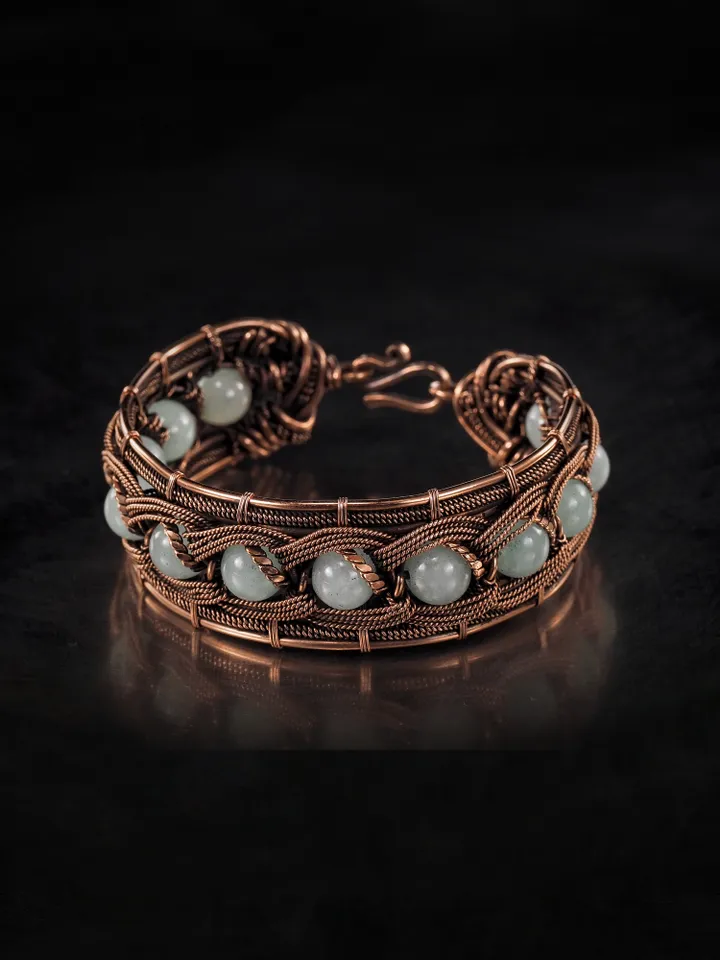 Copper wire wrapped chalcedony bracelet Unique woven copper wire bangle