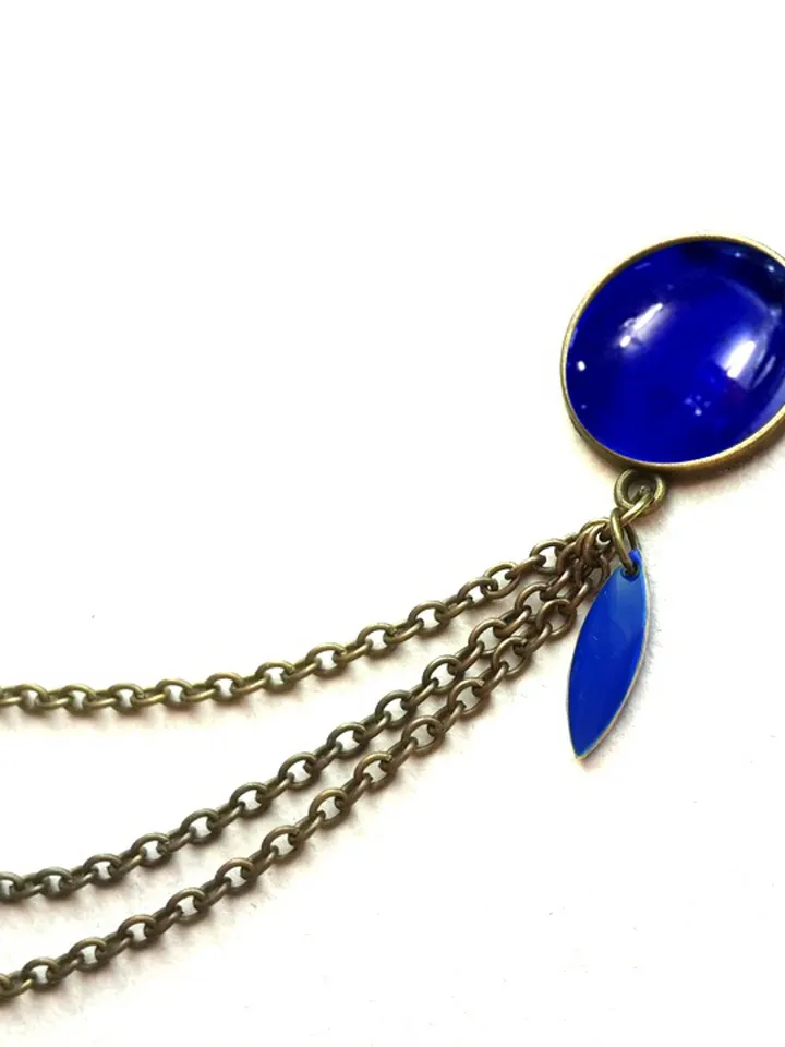 Royal Blue Brooch, Blue Collar Pin with chain and charm