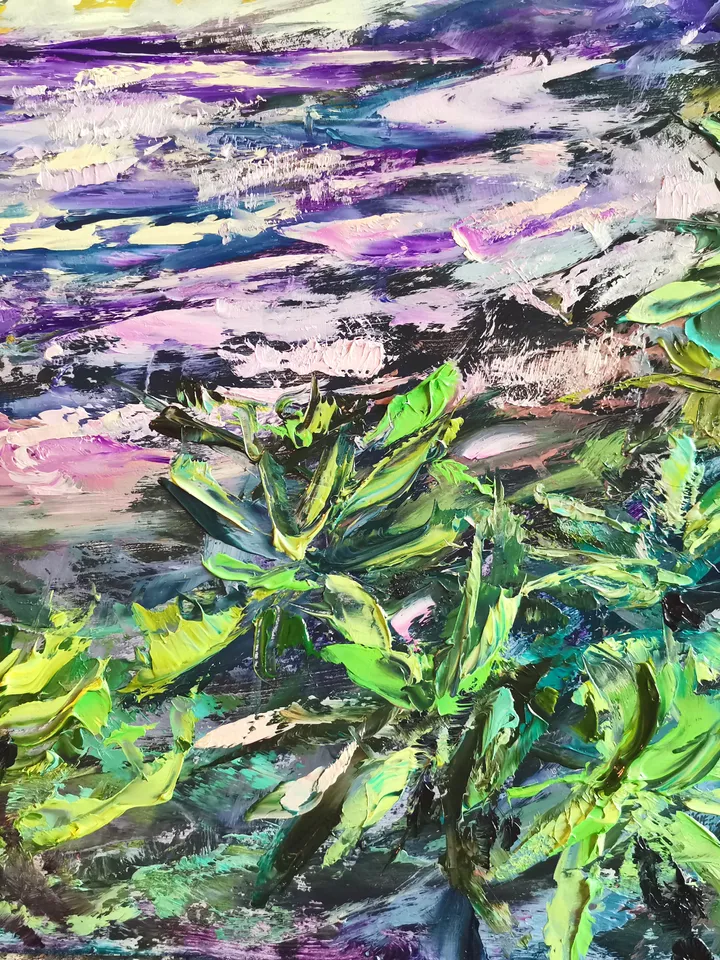 Palm Trees Sunset Sea Original Art Oil Painting Resort Rocks Artist Svinar Oksana