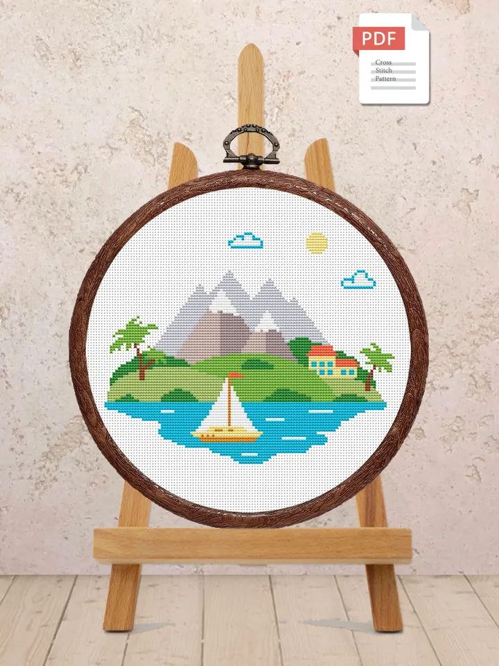 Mountain Landscape Cross Stitch Pattern, Island Cross Stitch, Embroidery Travel, Travel Cross Stitch Pattern, Modern Cross Stitch #trl007