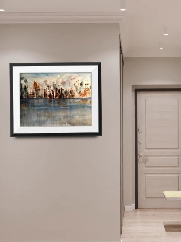 Semi-Abstract watercolour cityscape,original watercolour painting,cityscape wall art,seascape,skyline,skyscapes,blue grey copper painting