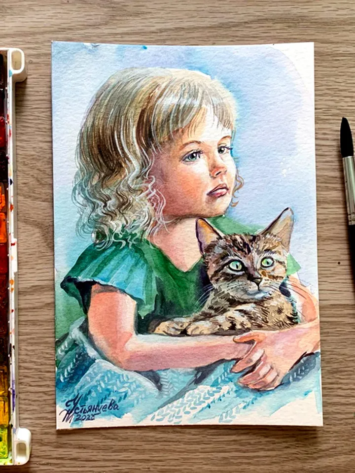 A girl with a kitten, watercolor painting, Portrait of a little girl