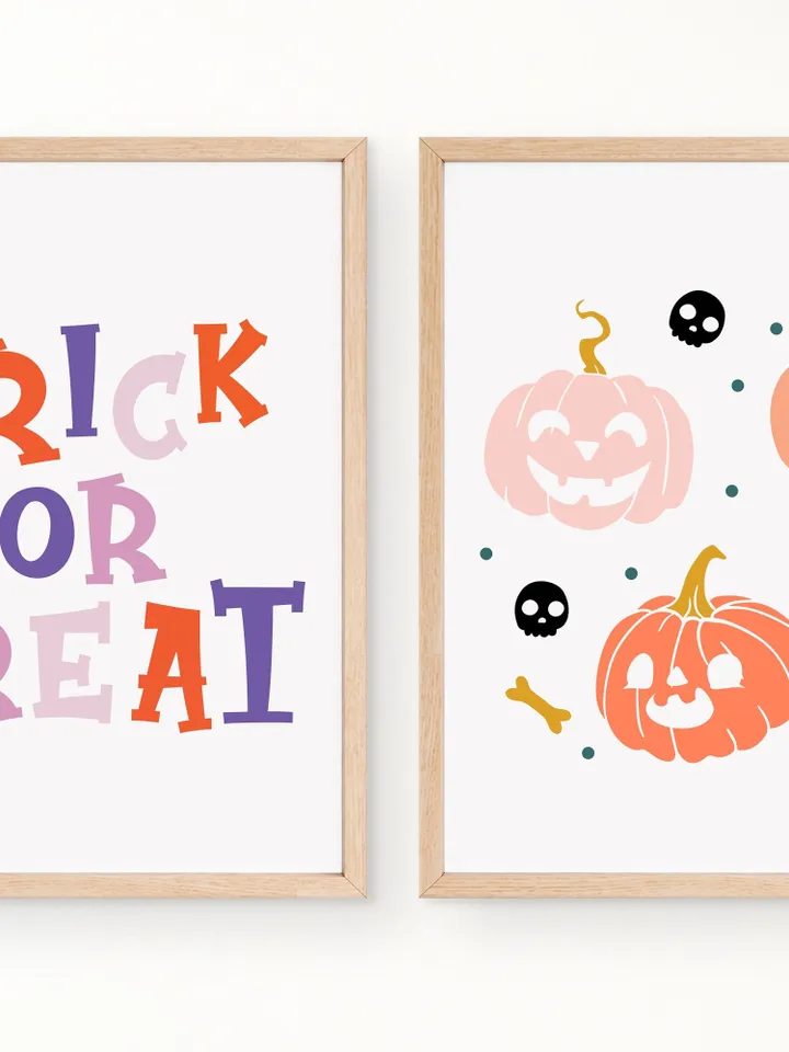 Halloween Wall Art, Pumpkin Decor, Trick or Treat Wall Art, Set Of 2, Printable Halloween Pumpkin Wall Print Wall Decor, Spooky Home Decor