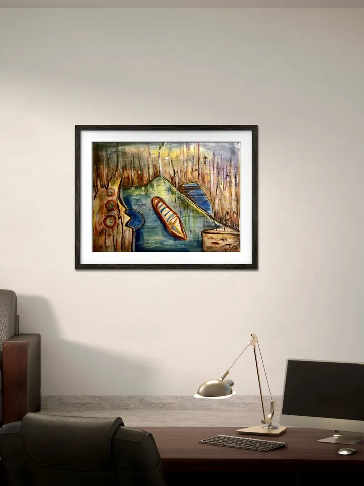 Fantasy cityscape with a boat,original watercolour mix media painting on watercolour 350 g paper,fantasy landscape wall hanging.