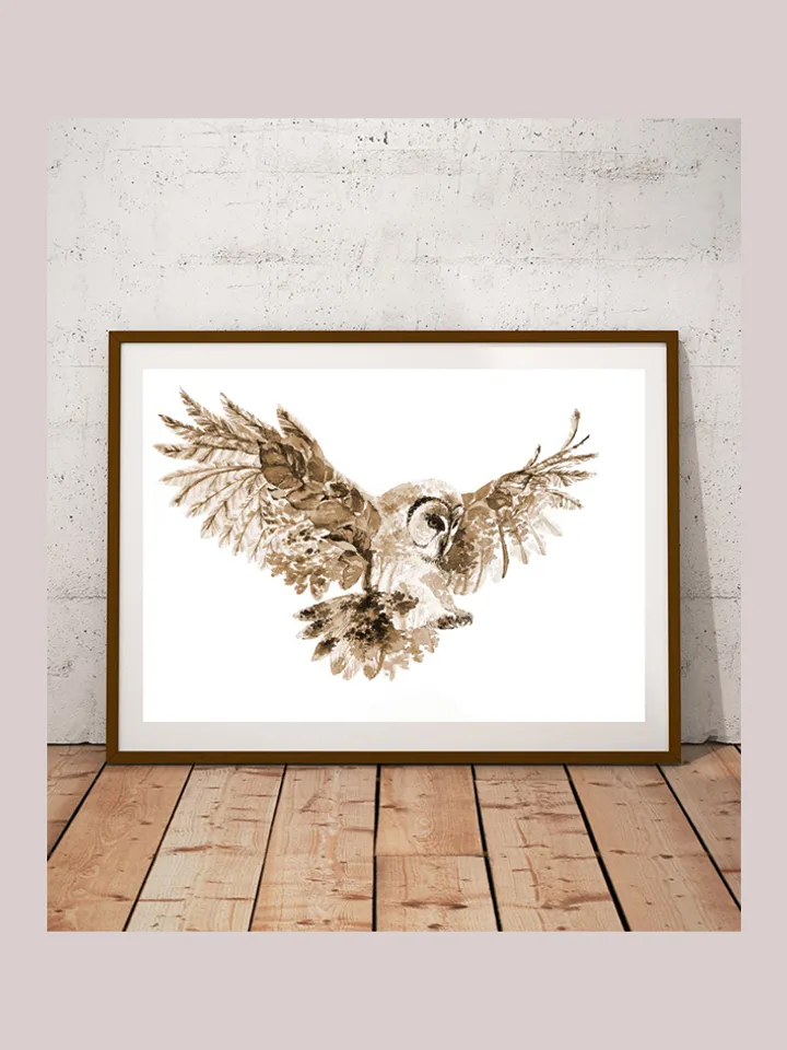 Owl Art Print, Printable Download, Sepia Watercolor Print, Wild Animal, Wall Decor, Prints Wall Art, Forest Nature Eco