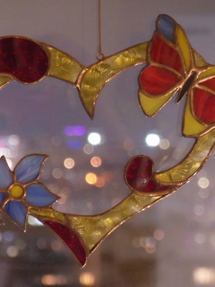 Valentine Heart with Flower and Butterfly . Red Yellow Blue . Art Stained glass window hanging Suncatcher