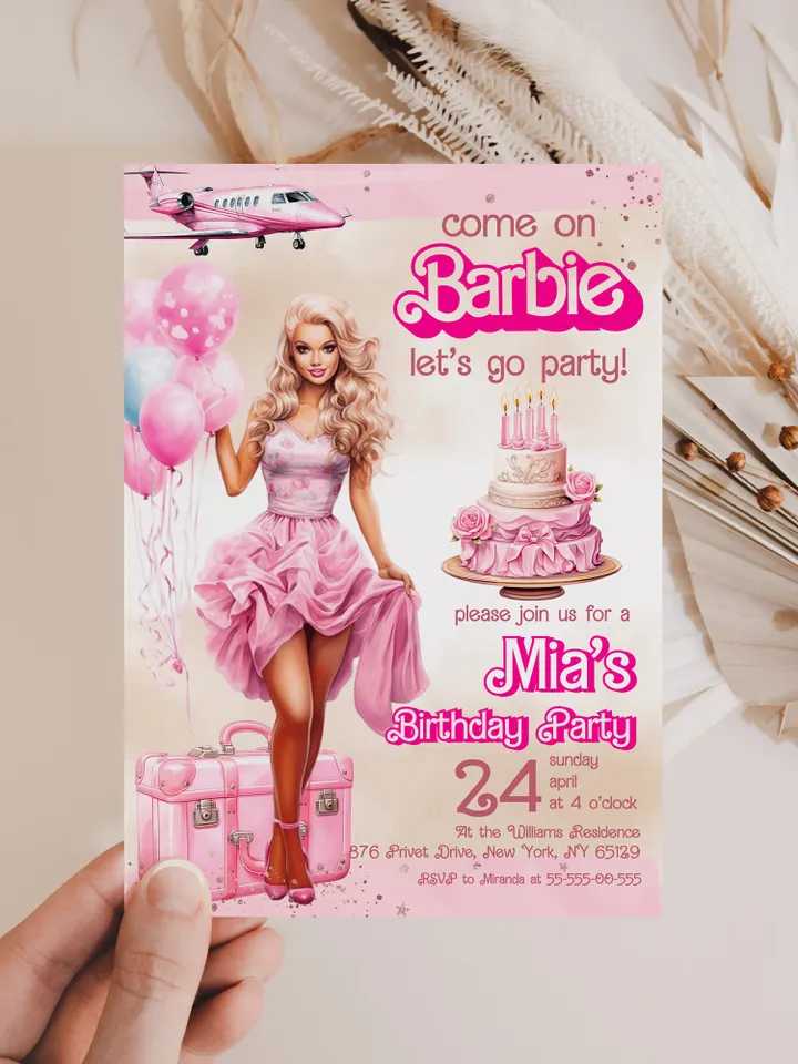 Doll Party Birthday Invitation; hot pink doll party birthday invitation editable template; cute doll girl birthday party bar12