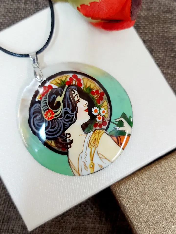 Pearl pendant Necklace: Primrose by Alphonse Mucha painted on mother-of-pearl pendant. Outstanding necklace for Aesthetic girl. Gift for her