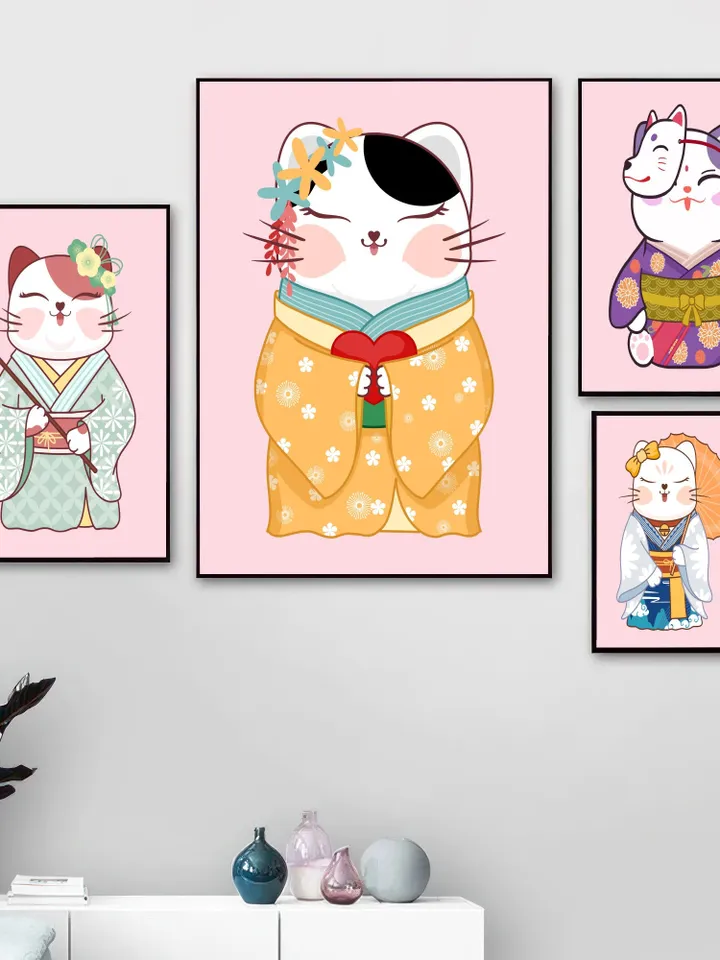 Japanese Art Digital Prints set of 9, Meditation cat kimono yoga japan, Funny Cat Art, Cat Poster, Minimalistic, Modern, Cat digital Poster