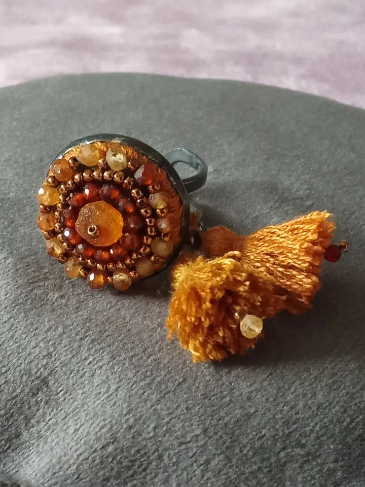 Garnet embroidered ring "Solaris"