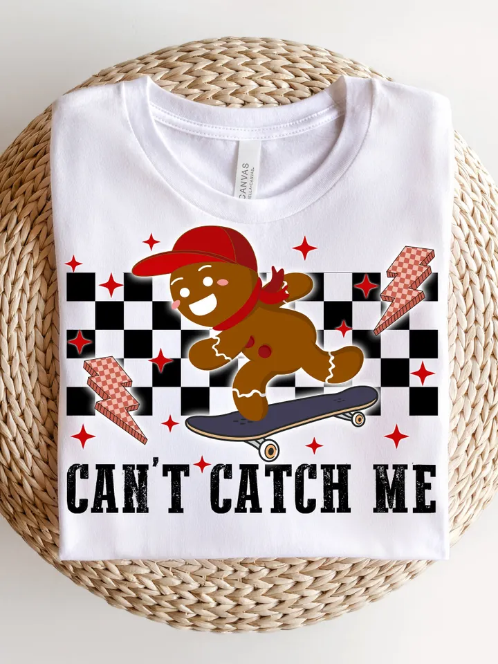Boys Christmas PNG, Can't Catch Me design, Retro Funny Christmas Sublimation, Skateboarding gingerbread in cap, download