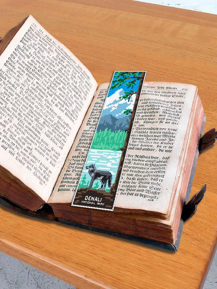 Denali National park bookmark cross stitch pattern PDF download Nature cross stitch chart, Wolf digital bookmark pattern PDF Mountains #B187