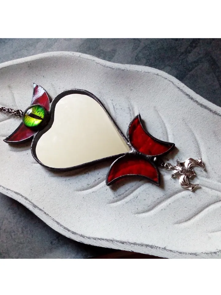Stained glass scrying mirror necklace, Black goth ornate mirror, Bat mirror, Car hanger, Witch mirror, Heart mirror