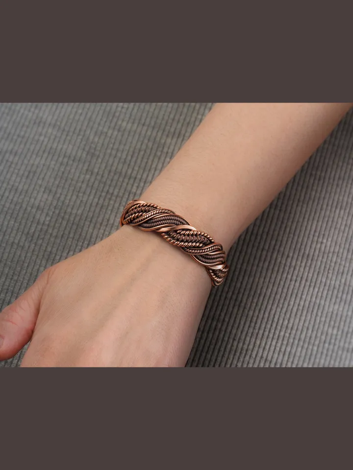 Wire wrapped bracelet, Unique 7th 22nd Anniversary gift idea, Art Nouveau antique style, One of kind braided statement bangle, Handmade oxidized pure copper jewelry, Pain relief, EMF protection