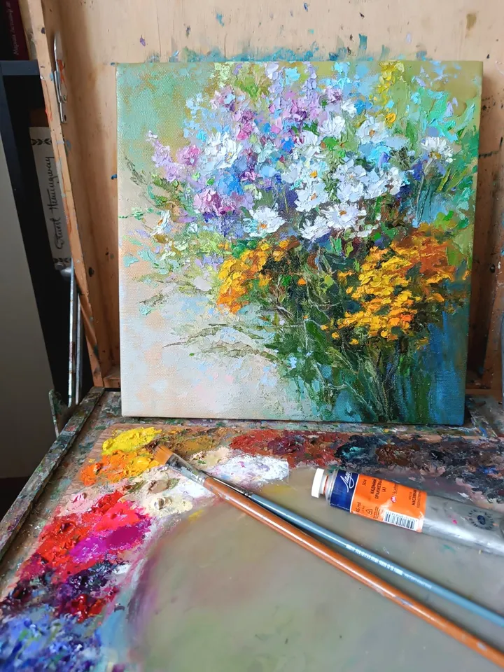 Oil Painting Bouquet Chamomile Flowers Original Artwork Canvas Wall Art Impasto Wild Flowers Painting 12 by 12 inches by Elena