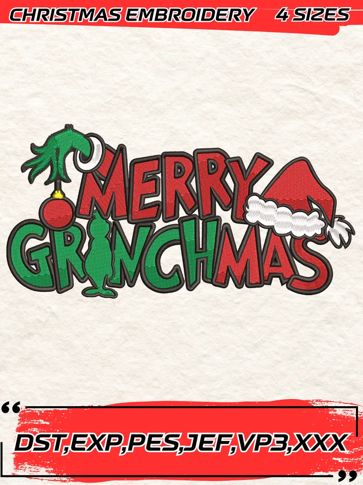 Merry Grinchmas Embroidery Design, Christmas Embroidery Design,4 Sizes, Digital Download