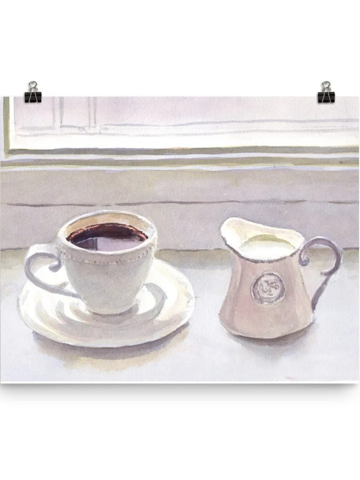 Coffee Still Life, Watercolor Painting, Cafe Art, Breakfast Still Life, Coffee Illustration, Kitchen Wall Art, Moody Still Life, Modern Art