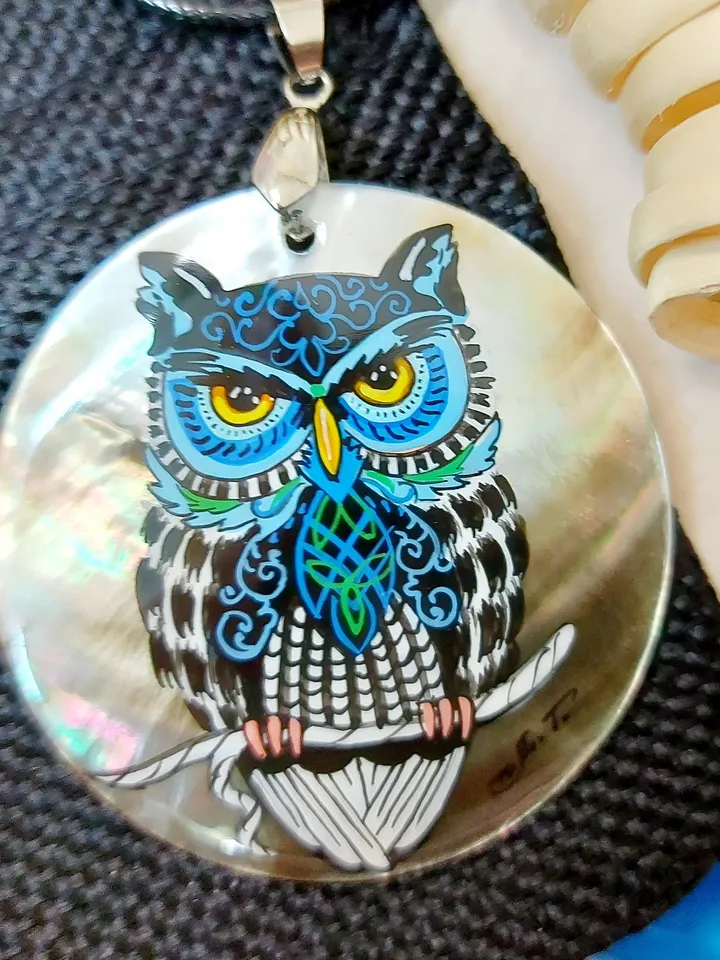 Pearl pendant necklace: Mosaic Eagle owl hand painted on gorgeous animal pendant. Graceful handmade jewelry. Unique gift for grandmother