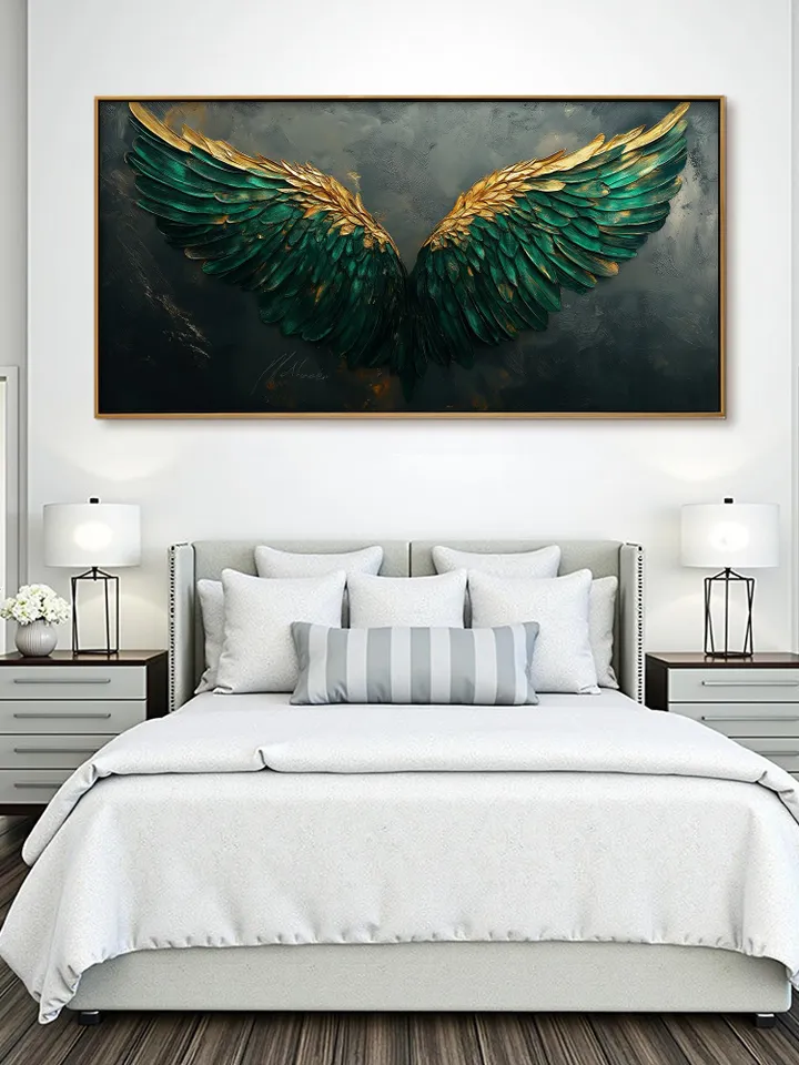 Large Emerald Green & Gold Angel Wings Impasto Painting, Textured 3D Wall Art, Original Abstract Art, Unique Home Decor, Office Wall Decor