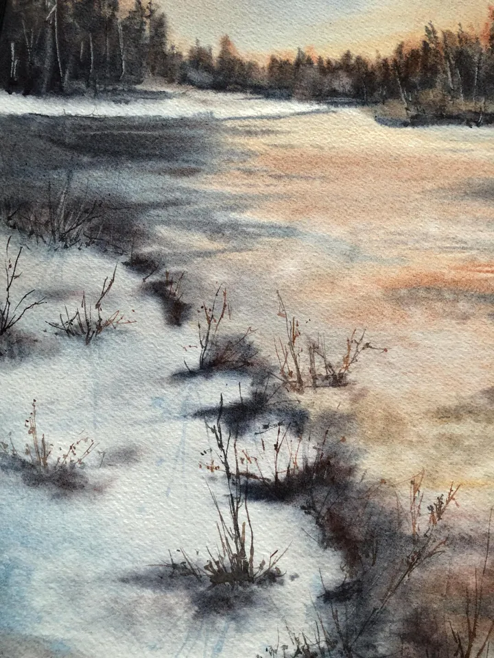 Landscape Original Painting Watercolor River Wall Art Winter Landscape